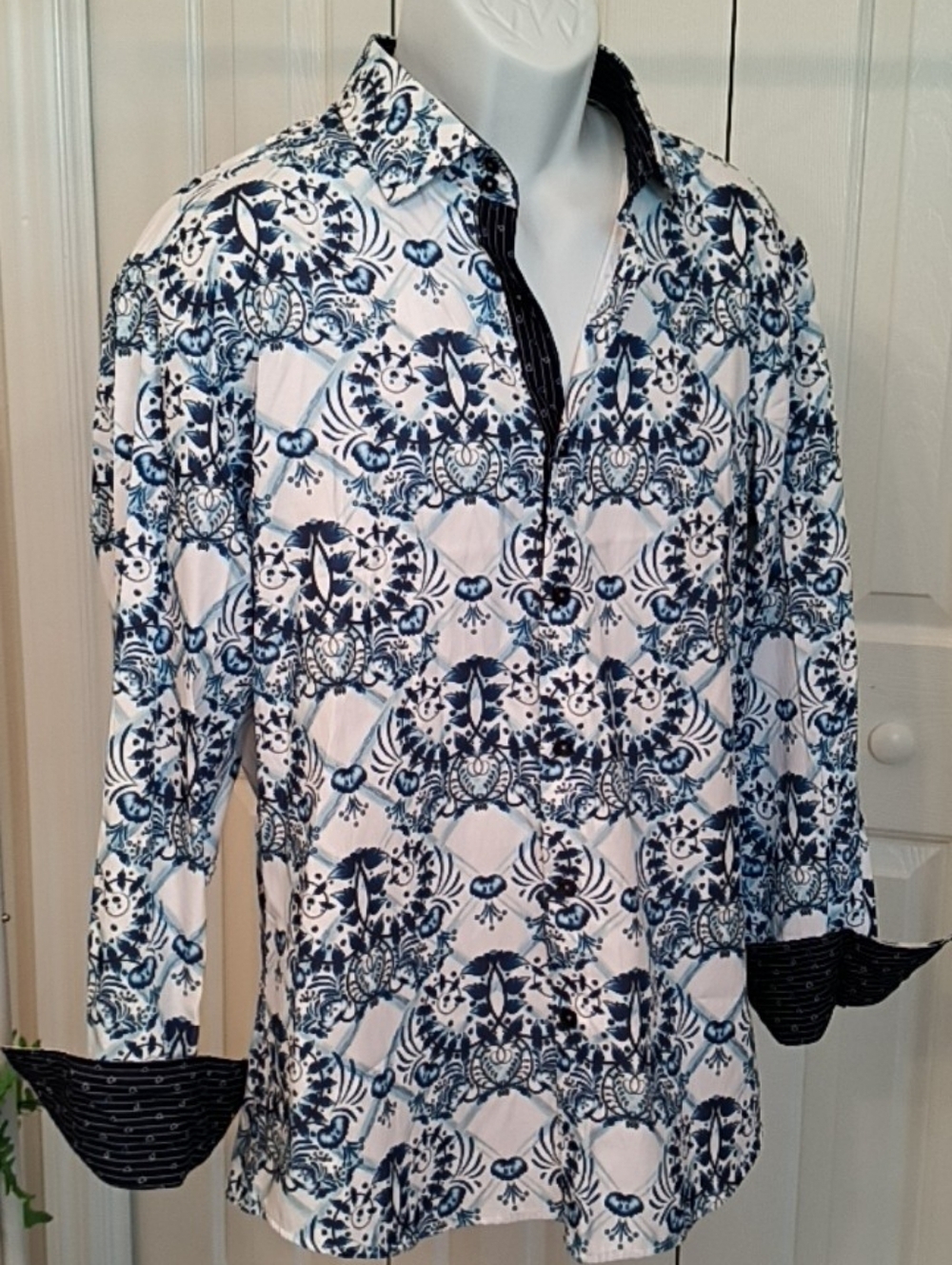Men's Patterned Dress Shirt in Teal and Yellow